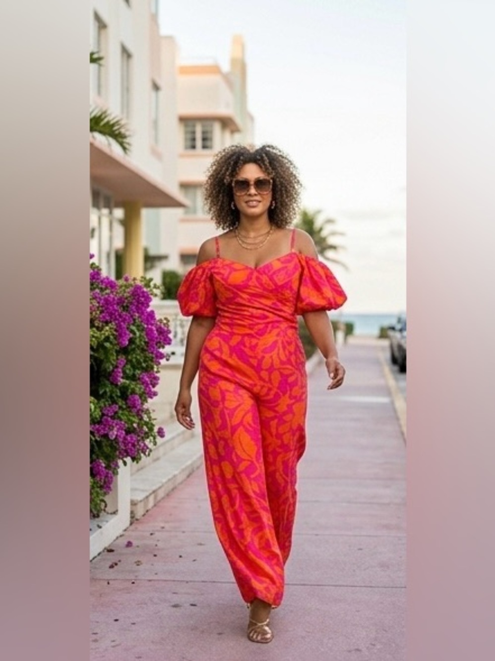 Rannagill Pink Orange Tropical Linen Blend Puff Sleeve Jumpsuit | Size L